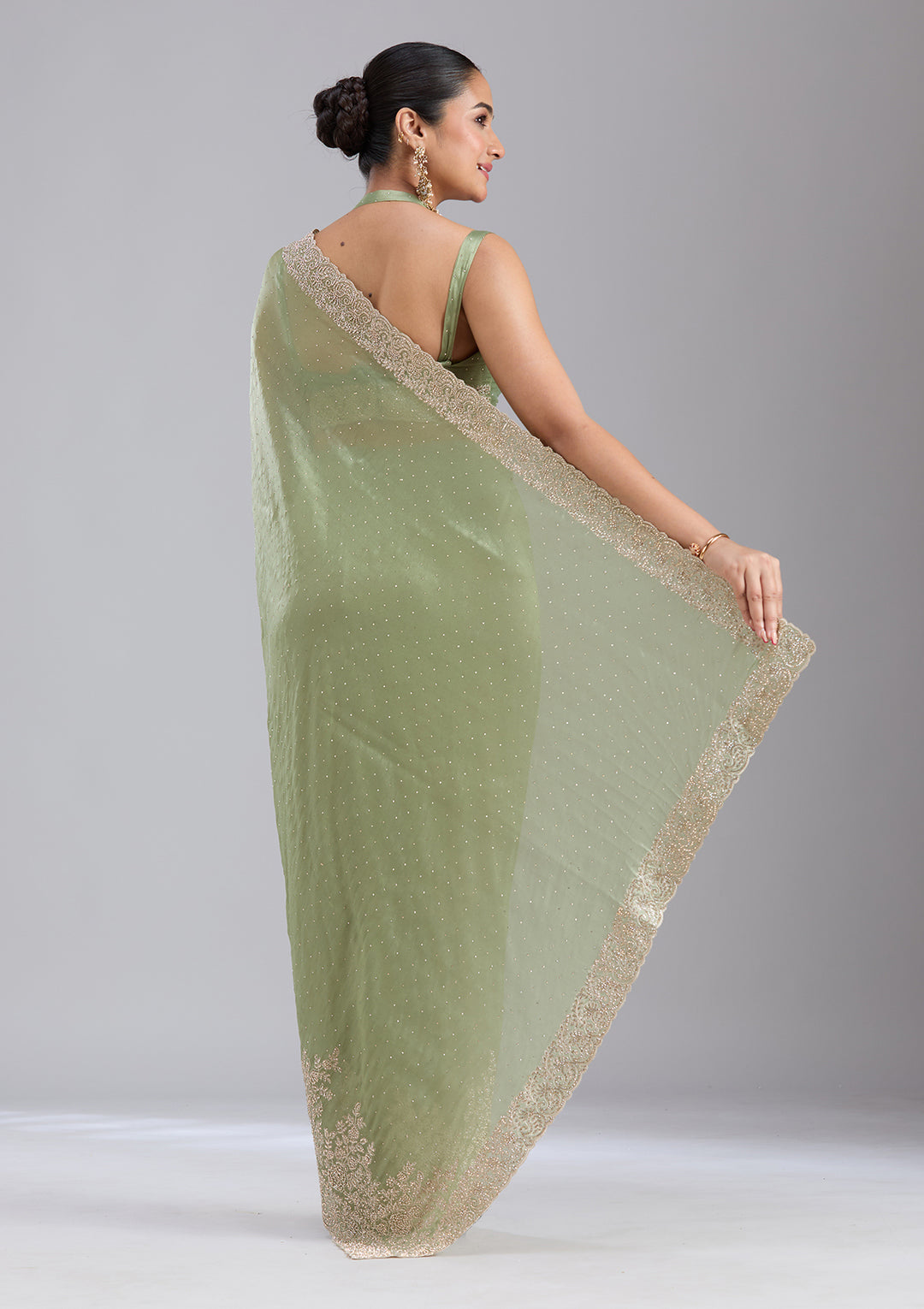 Mehandi Green Tissue Cording Saree With Matching Blouse Piece