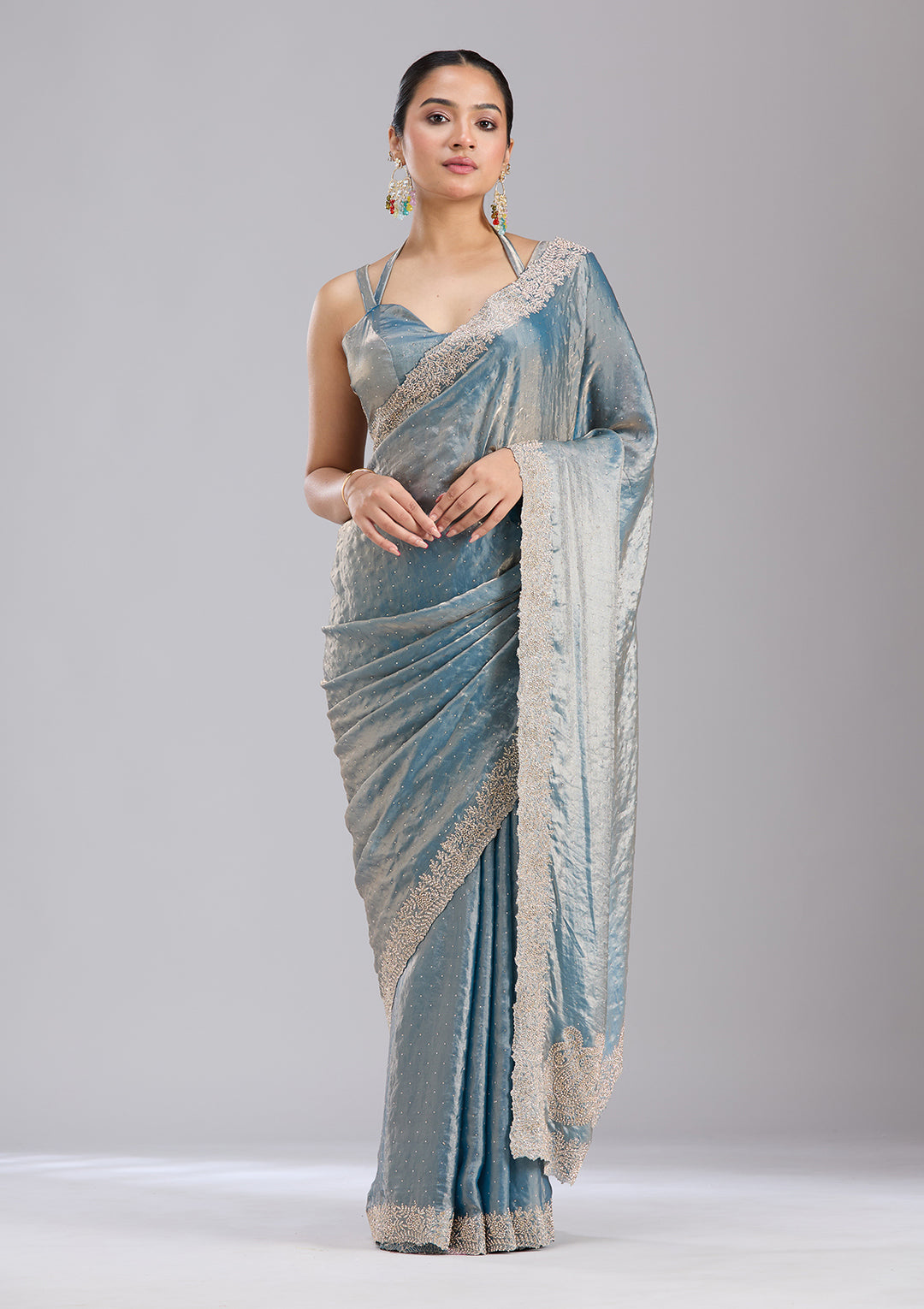 Grey Tissue Gold Stonework Saree With Matching Blouse Piece
