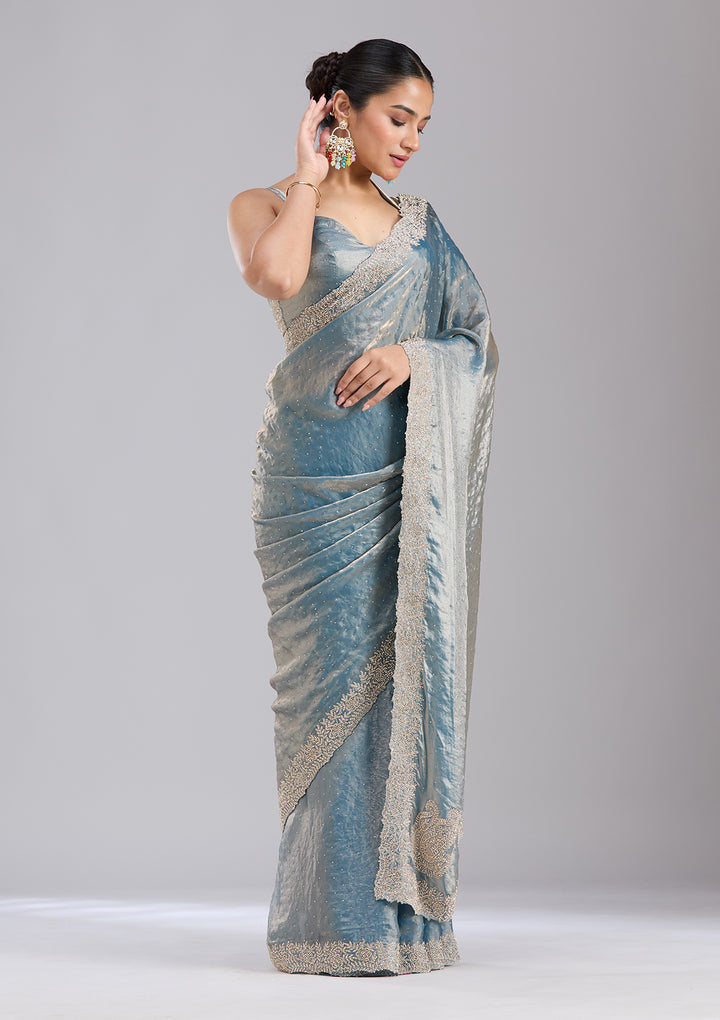 Grey Tissue Gold Stonework Saree With Matching Blouse Piece
