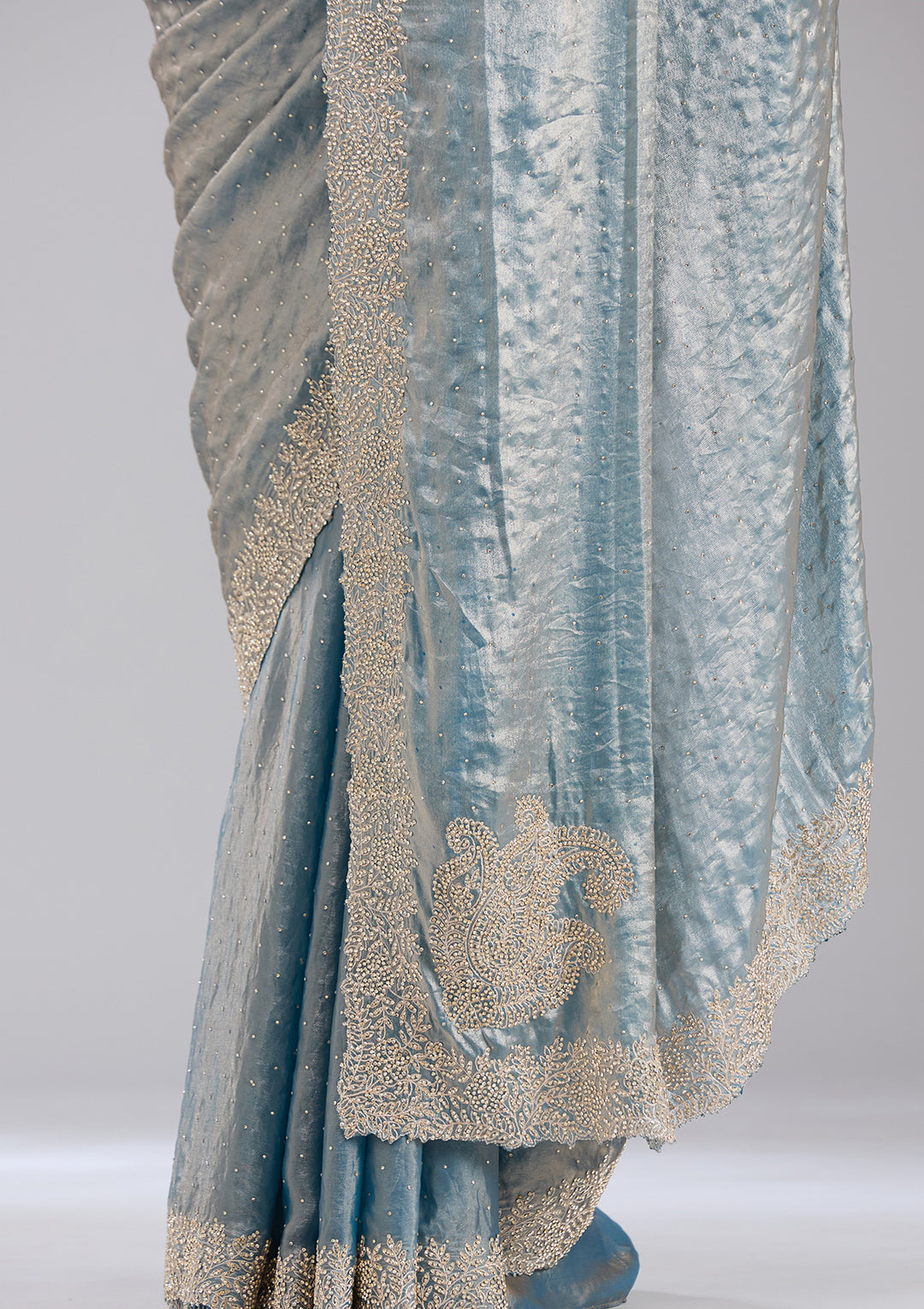 Grey Tissue Gold Stonework Saree With Matching Blouse Piece