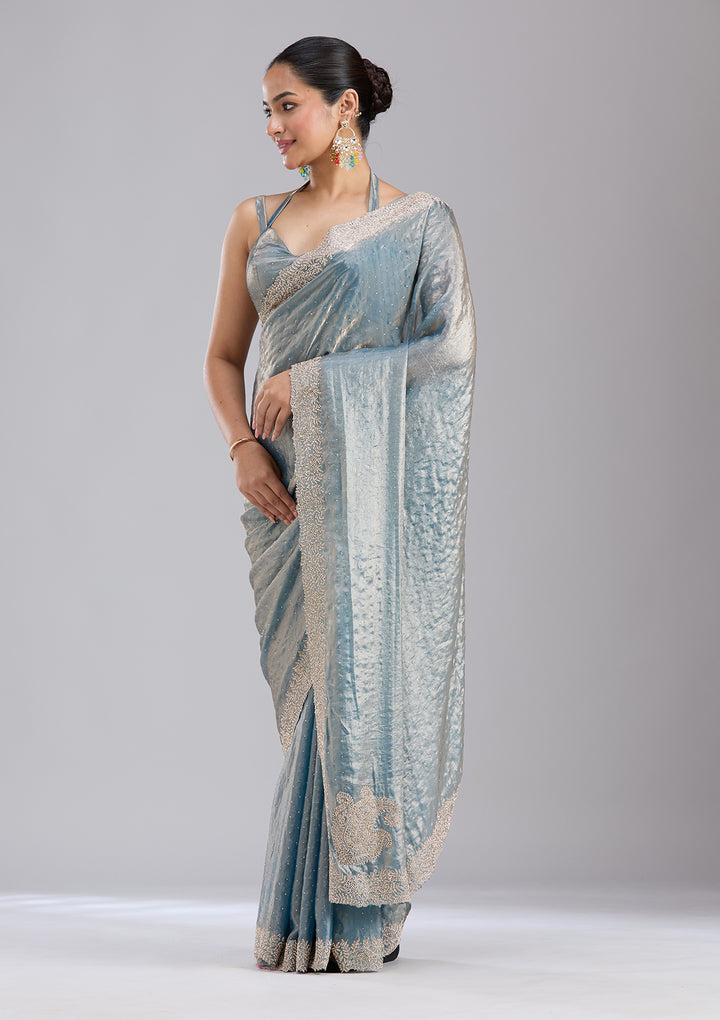 Grey Tissue Gold Stonework Saree With Matching Blouse Piece