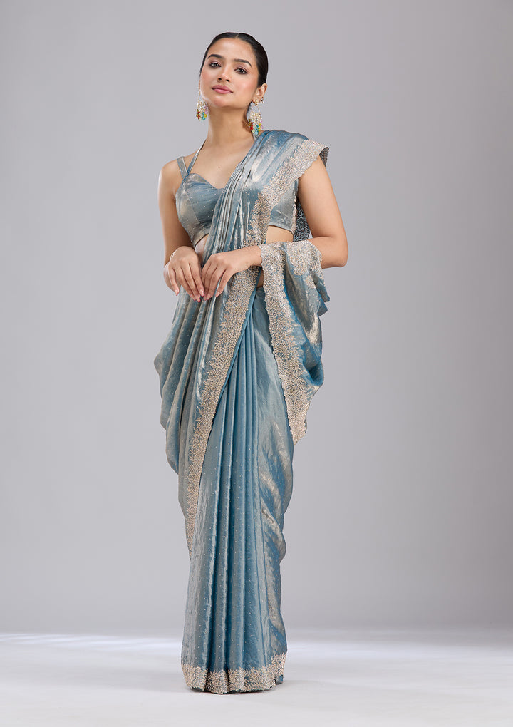 Grey Tissue Gold Stonework Saree With Matching Blouse Piece