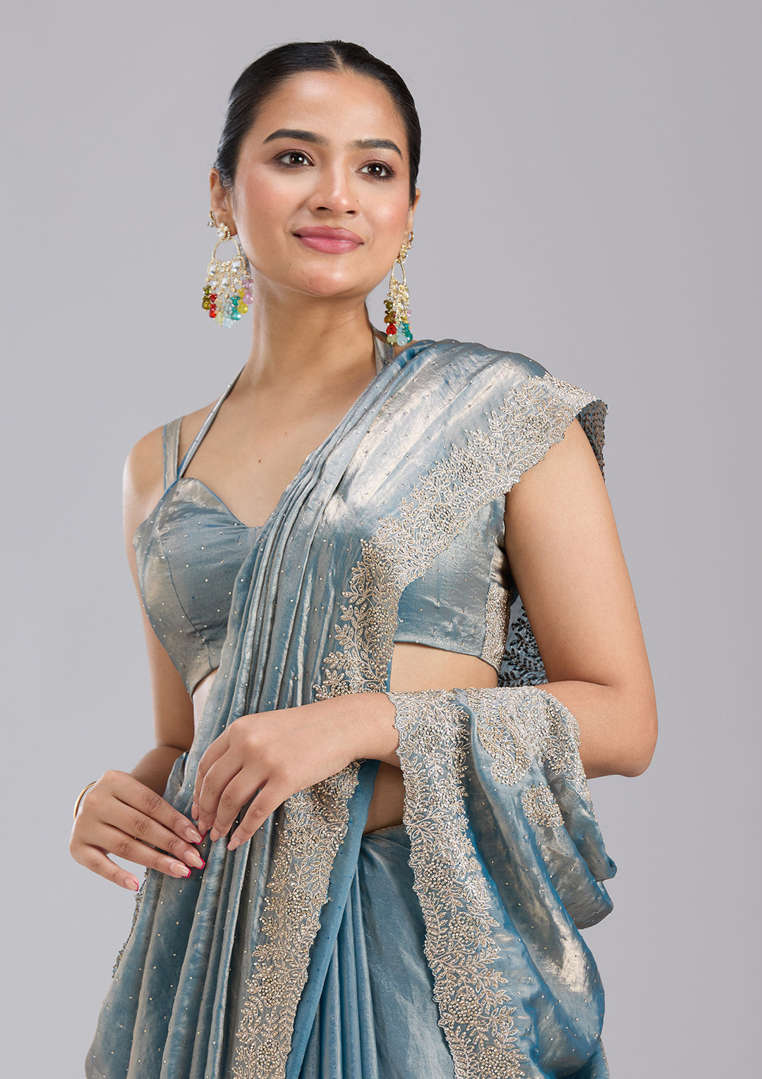 Grey Tissue Gold Stonework Saree With Matching Blouse Piece
