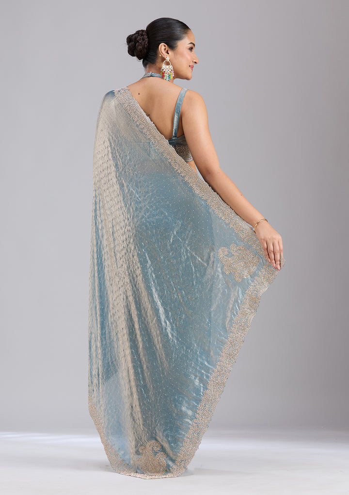 Grey Tissue Gold Stonework Saree With Matching Blouse Piece