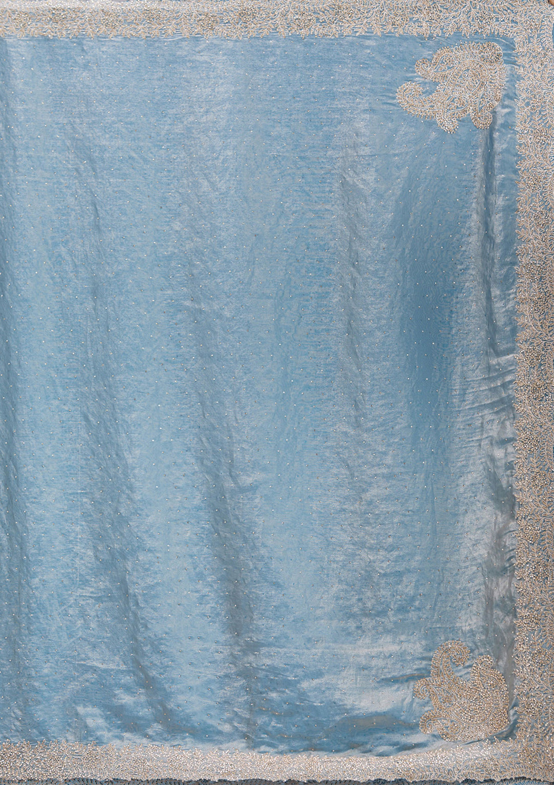 Grey Tissue Gold Stonework Saree With Matching Blouse Piece
