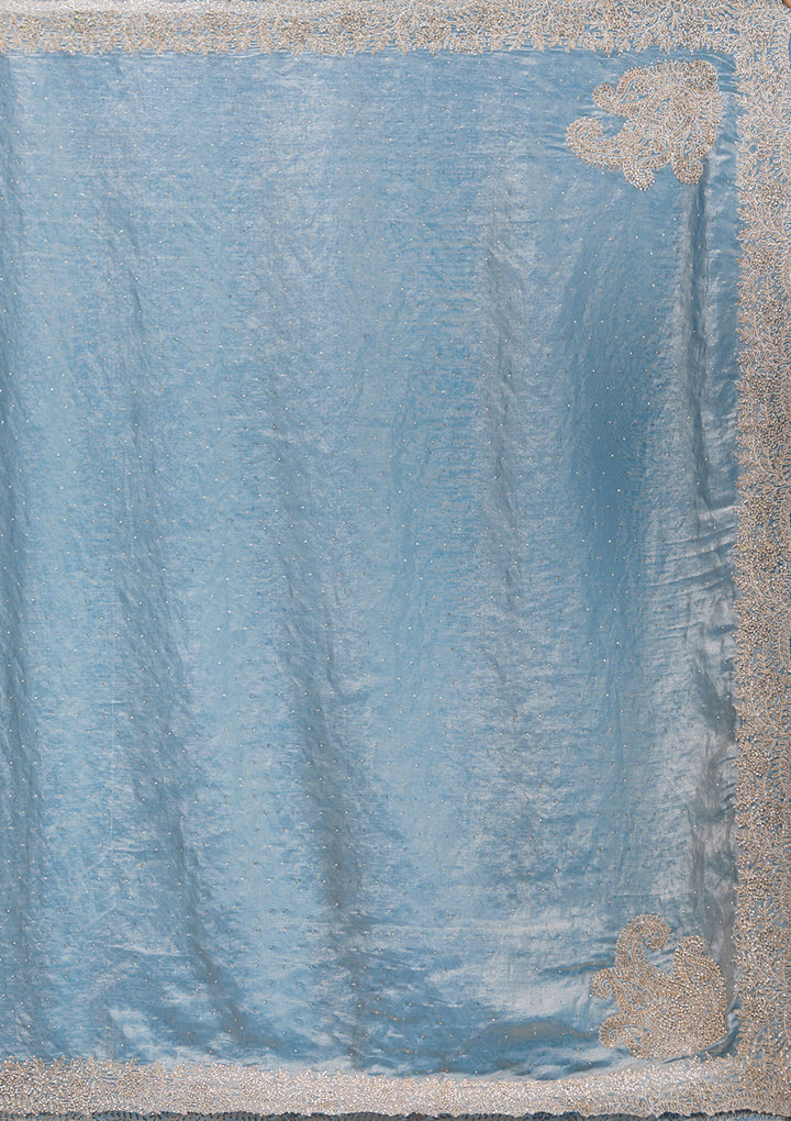 Grey Tissue Gold Stonework Saree With Matching Blouse Piece