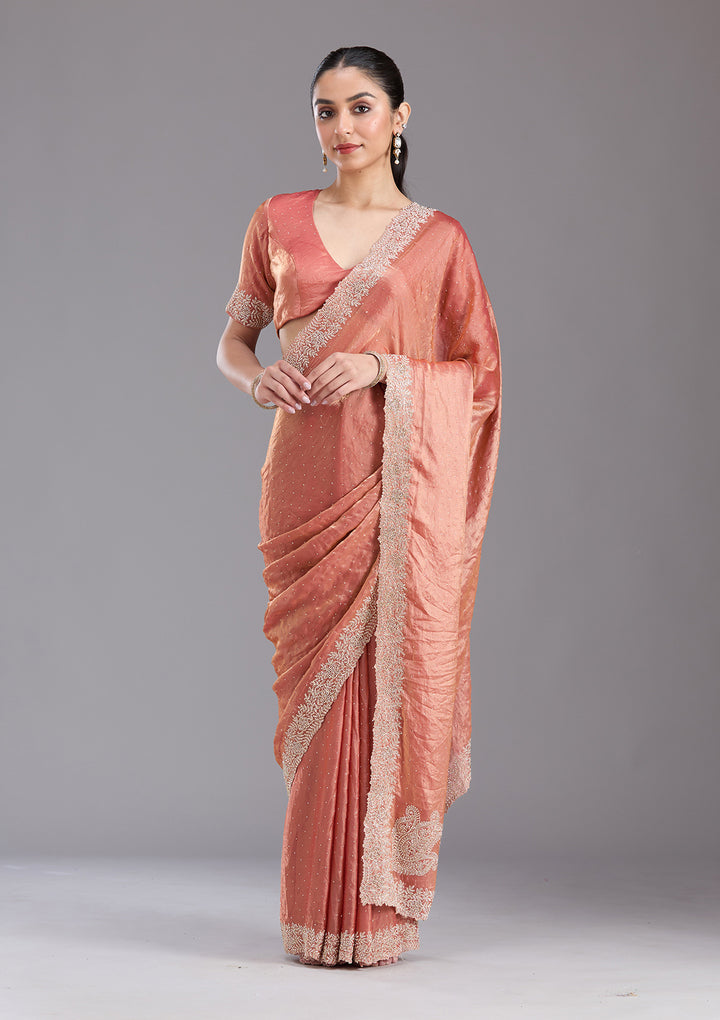 Rust Tissue Gold Stonework Saree With Matching Blouse Piece