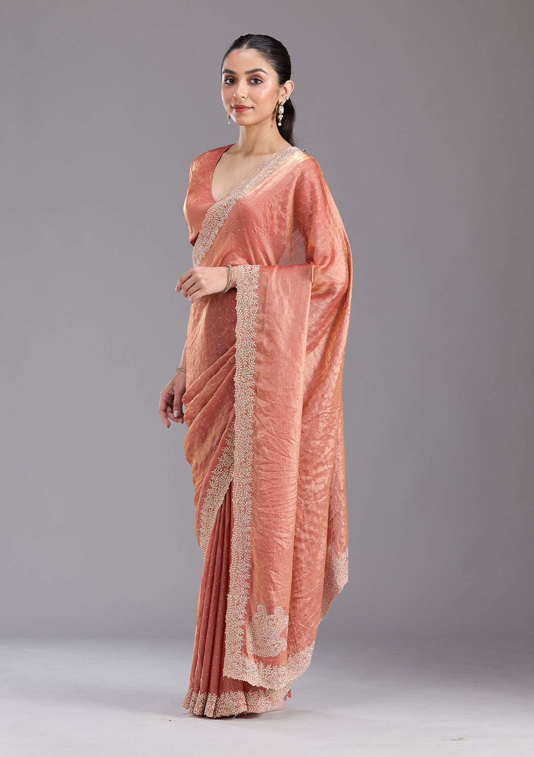 Rust Tissue Gold Stonework Saree With Matching Blouse Piece