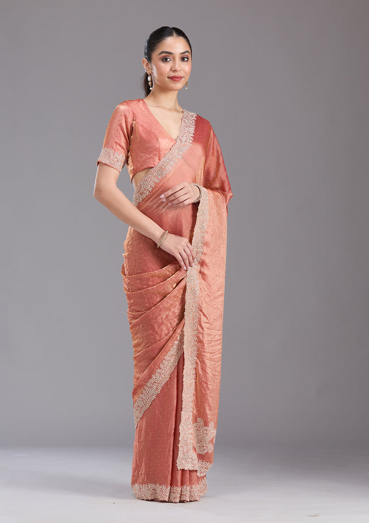 Rust Tissue Gold Stonework Saree With Matching Blouse Piece
