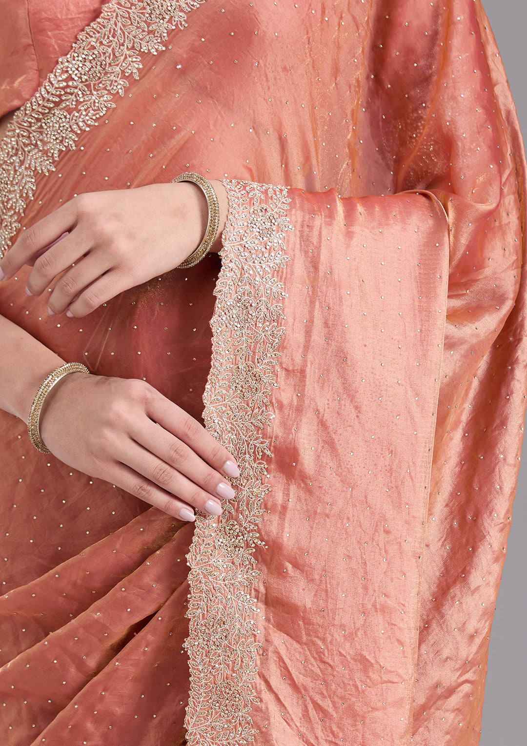 Rust Tissue Gold Stonework Saree With Matching Blouse Piece