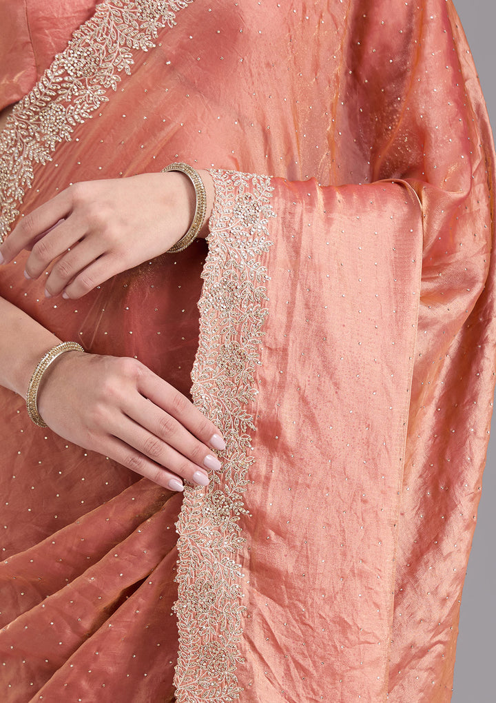 Rust Tissue Gold Stonework Saree With Matching Blouse Piece