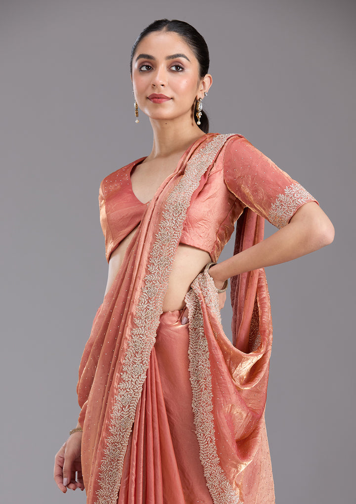 Rust Tissue Gold Stonework Saree With Matching Blouse Piece