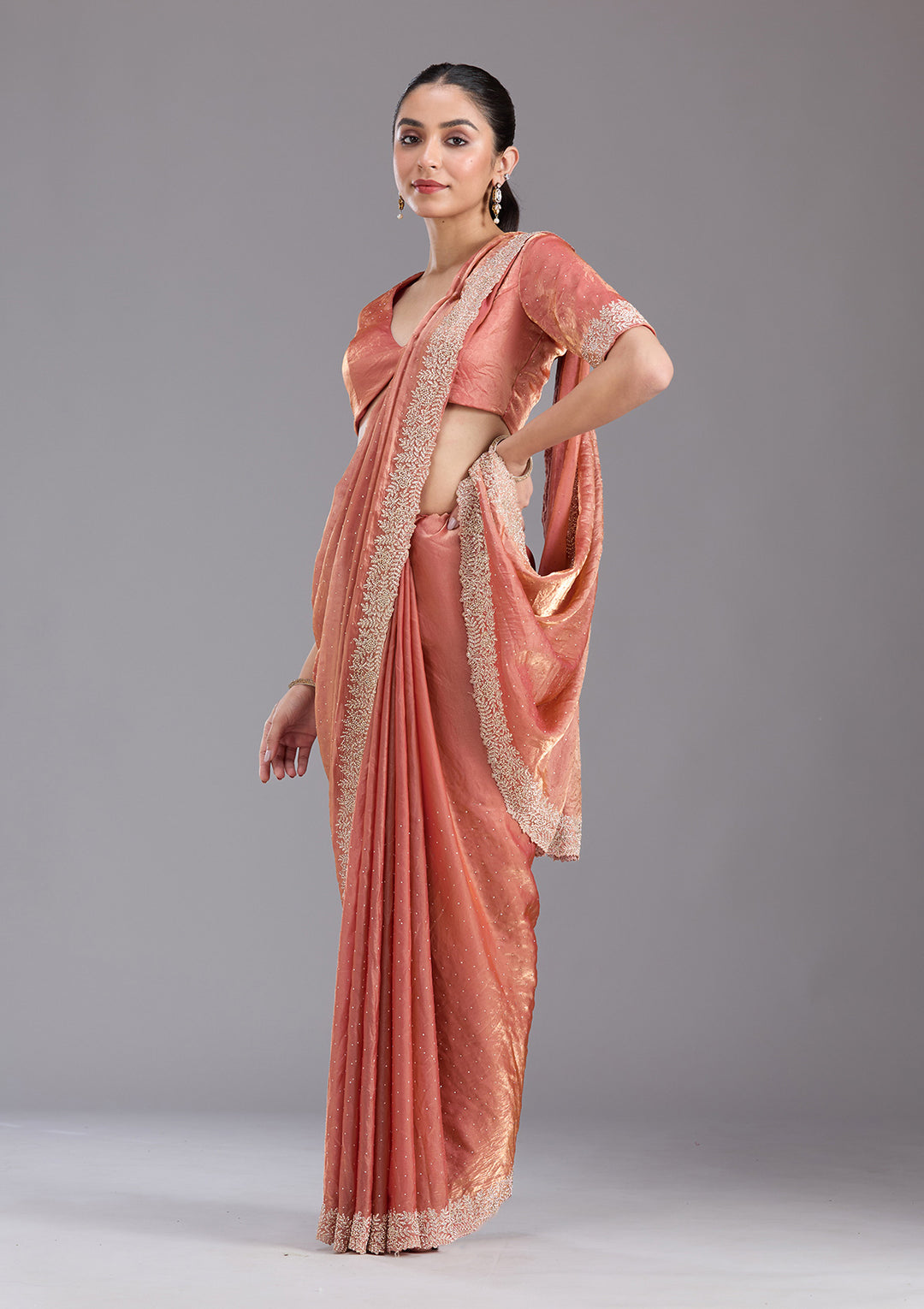 Rust Tissue Gold Stonework Saree With Matching Blouse Piece
