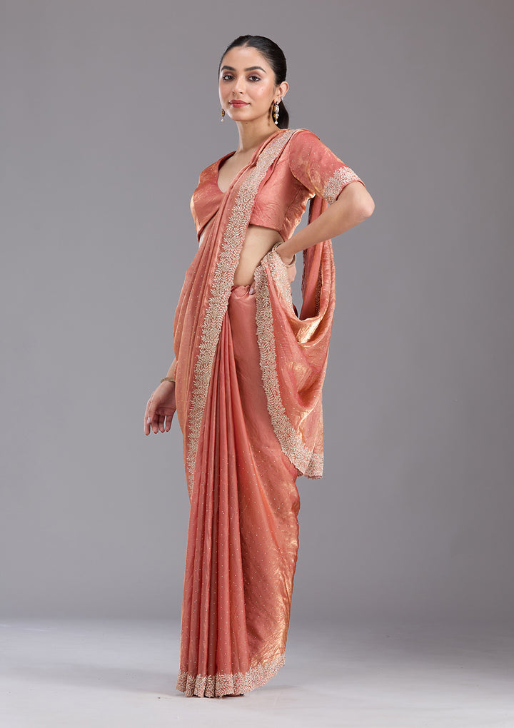 Rust Tissue Gold Stonework Saree With Matching Blouse Piece