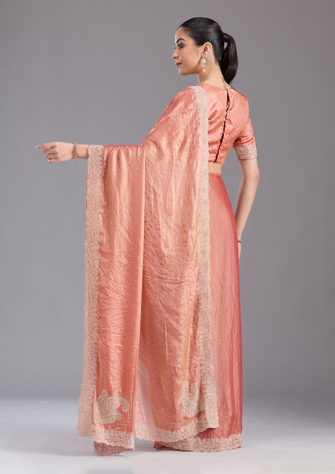Rust Tissue Gold Stonework Saree With Matching Blouse Piece