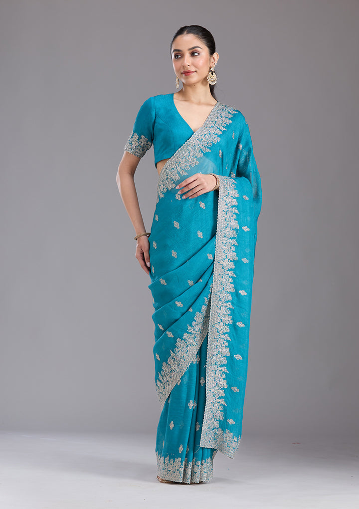 Blue Tissue Threadwork Saree With Matching Blouse Piece