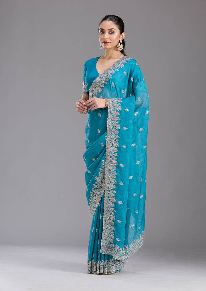 Blue Tissue Threadwork Saree With Matching Blouse Piece