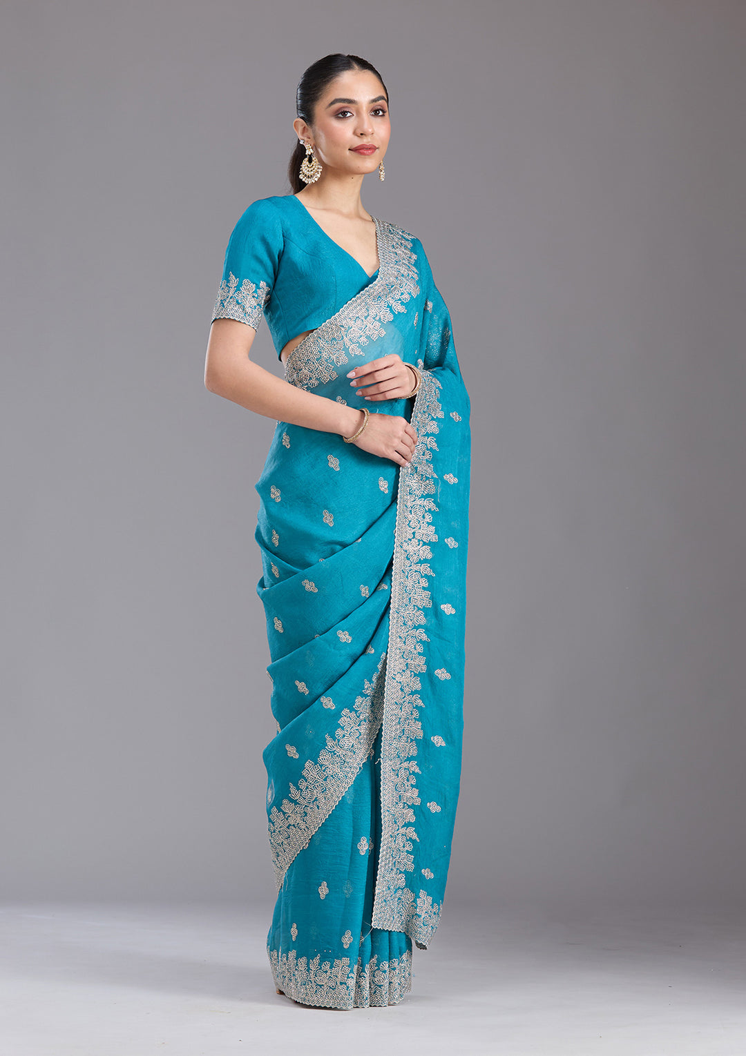 Blue Tissue Threadwork Saree With Matching Blouse Piece