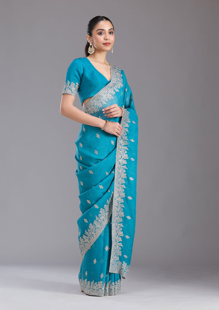 Blue Tissue Threadwork Saree With Matching Blouse Piece