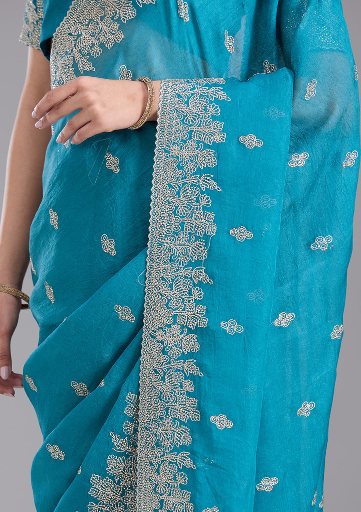 Blue Tissue Threadwork Saree With Matching Blouse Piece