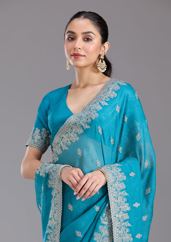 Blue Tissue Threadwork Saree With Matching Blouse Piece