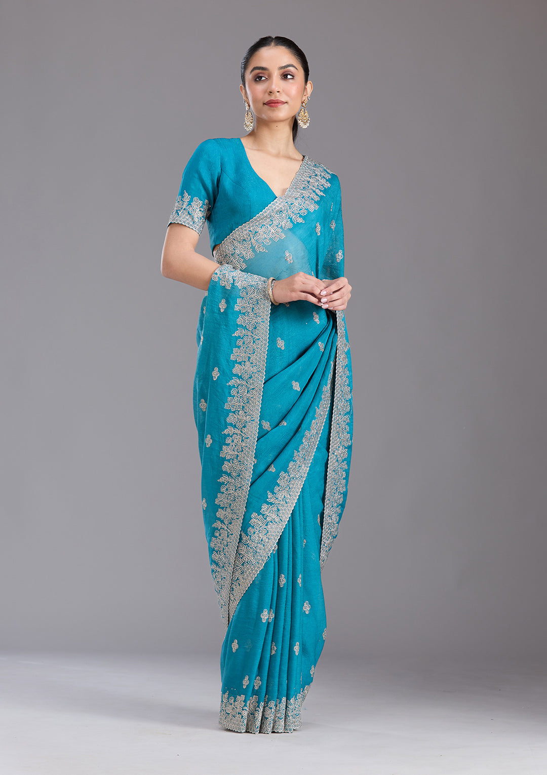 Blue Tissue Threadwork Saree With Matching Blouse Piece