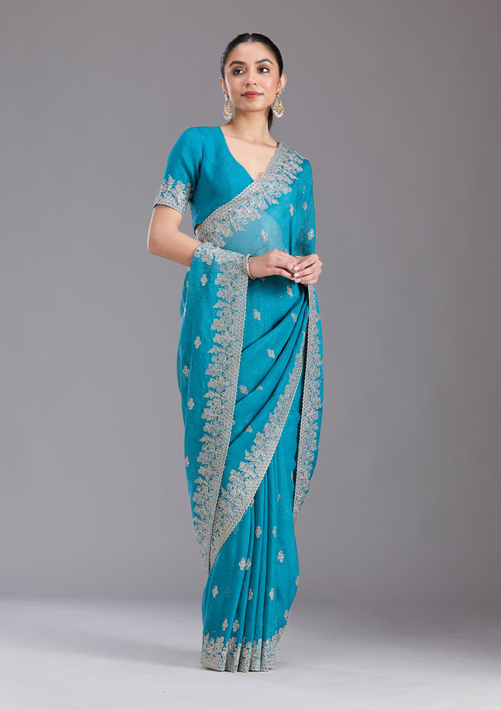 Blue Tissue Threadwork Saree With Matching Blouse Piece