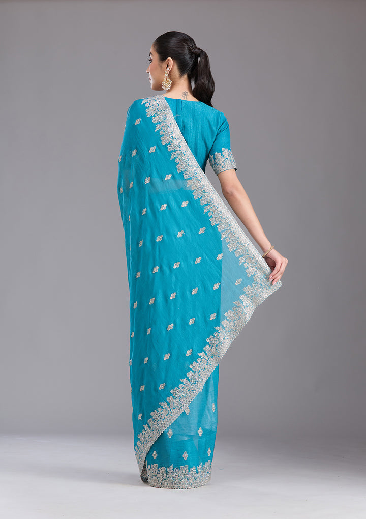 Blue Tissue Threadwork Saree With Matching Blouse Piece