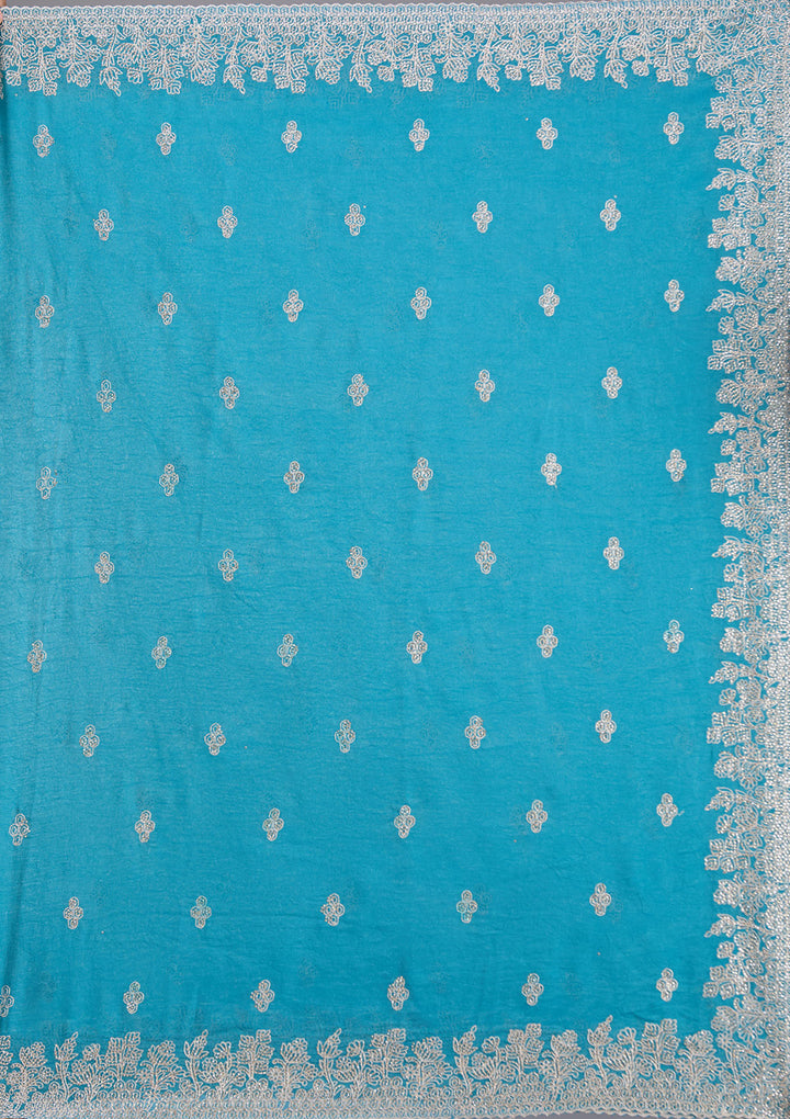 Blue Tissue Threadwork Saree With Matching Blouse Piece