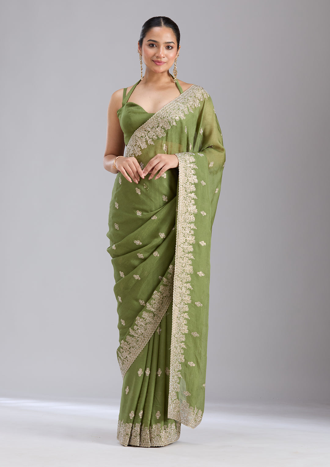 Mehandi Green Tissue Threadwork Saree With Matching Blouse Piece