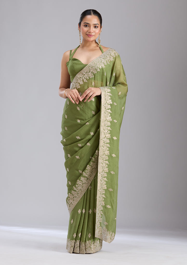 Mehandi Green Tissue Threadwork Saree With Matching Blouse Piece