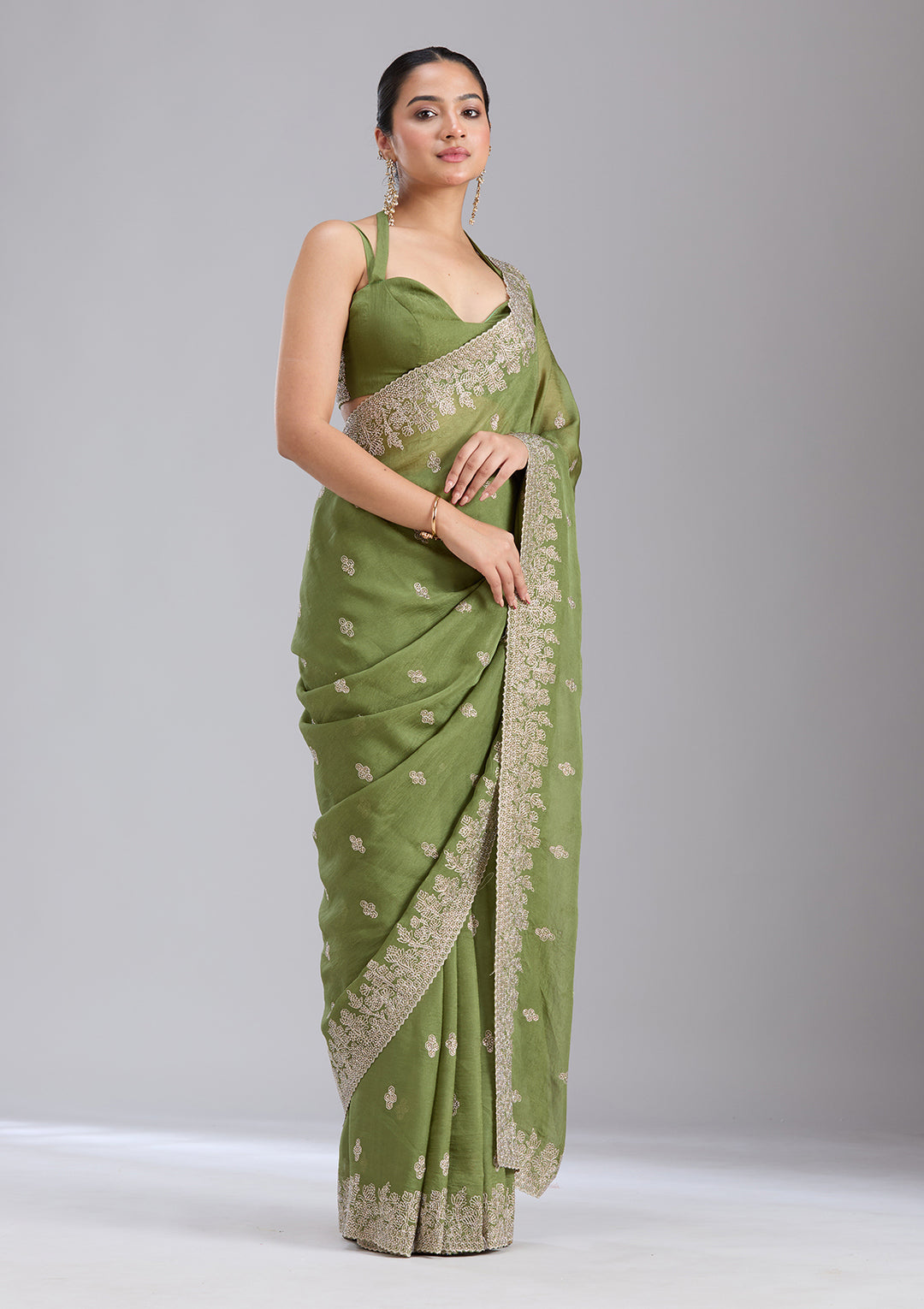 Mehandi Green Tissue Threadwork Saree With Matching Blouse Piece