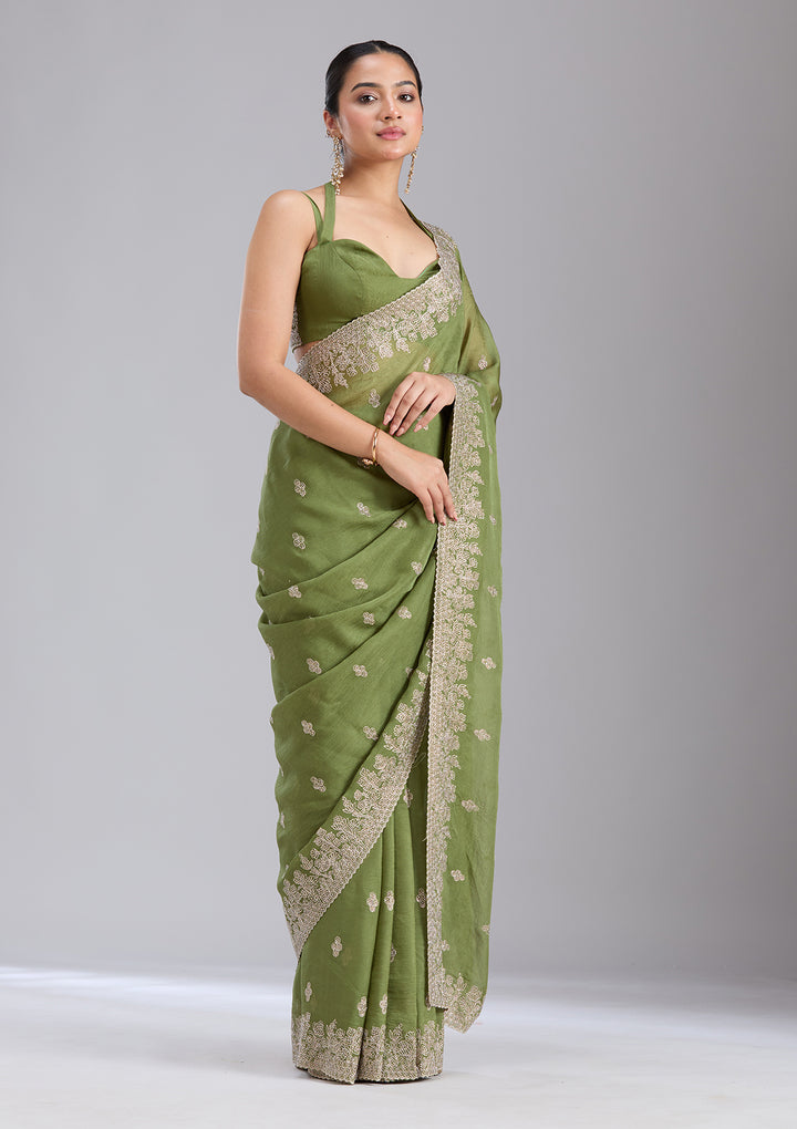 Mehandi Green Tissue Threadwork Saree With Matching Blouse Piece