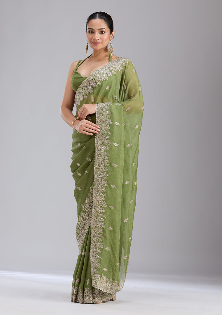 Mehandi Green Tissue Threadwork Saree With Matching Blouse Piece