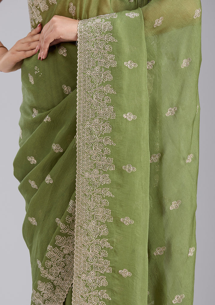 Mehandi Green Tissue Threadwork Saree With Matching Blouse Piece