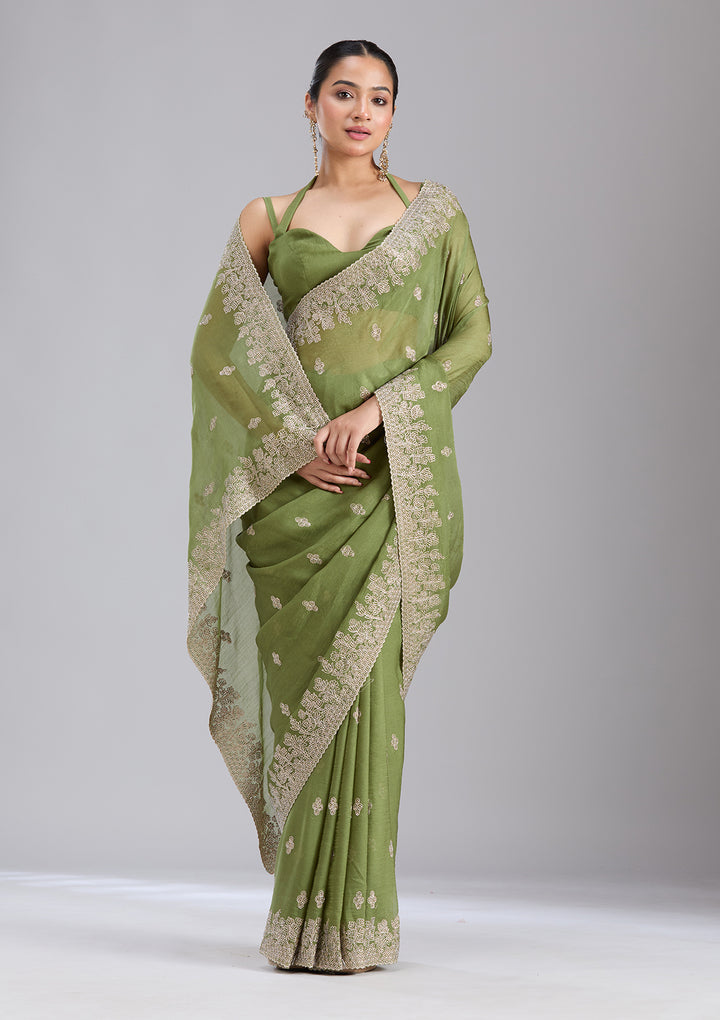 Mehandi Green Tissue Threadwork Saree With Matching Blouse Piece