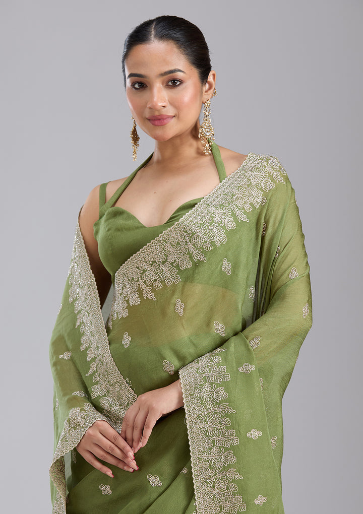 Mehandi Green Tissue Threadwork Saree With Matching Blouse Piece