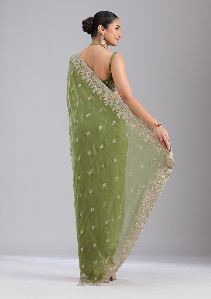Mehandi Green Tissue Threadwork Saree With Matching Blouse Piece