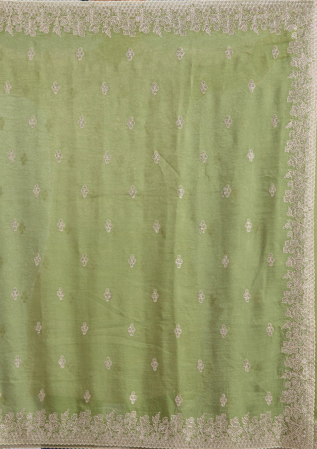 Mehandi Green Tissue Threadwork Saree With Matching Blouse Piece