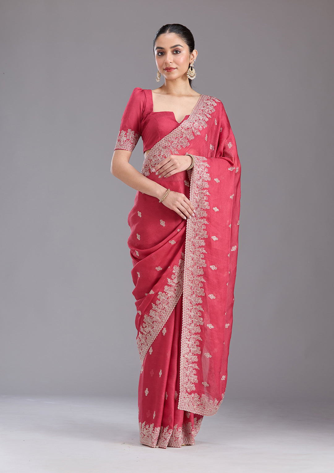 Pink Tissue Threadwork Saree With Matching Blouse Piece