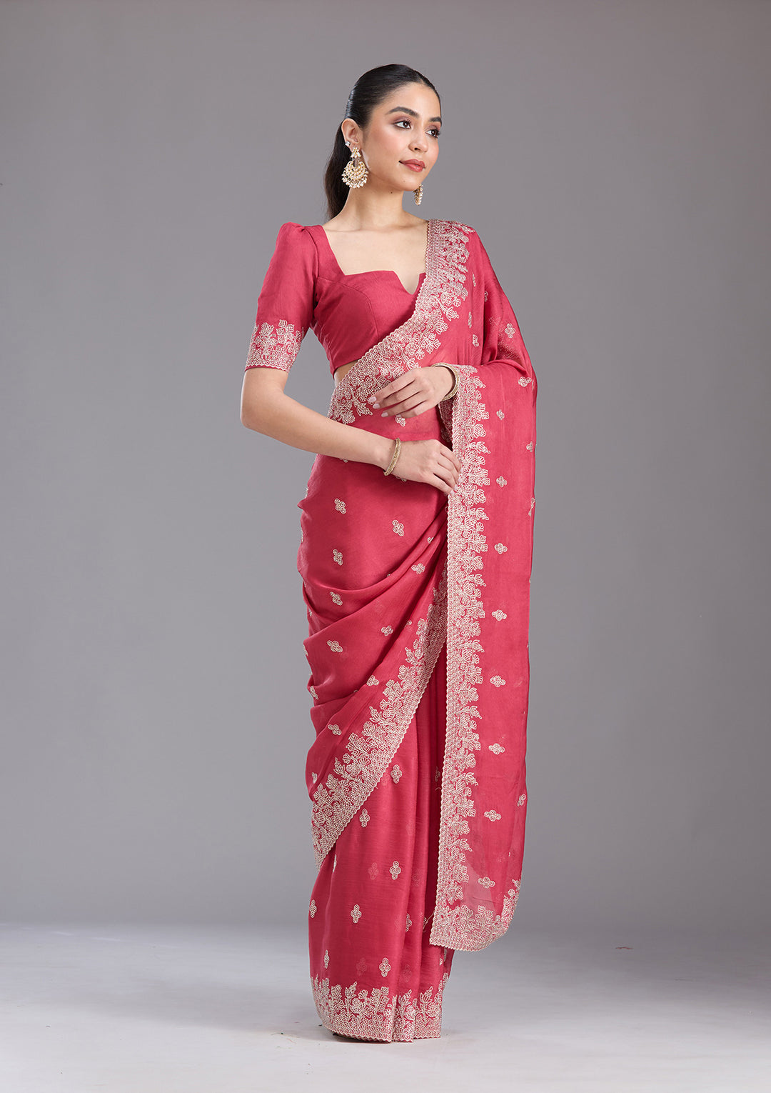 Pink Tissue Threadwork Saree With Matching Blouse Piece