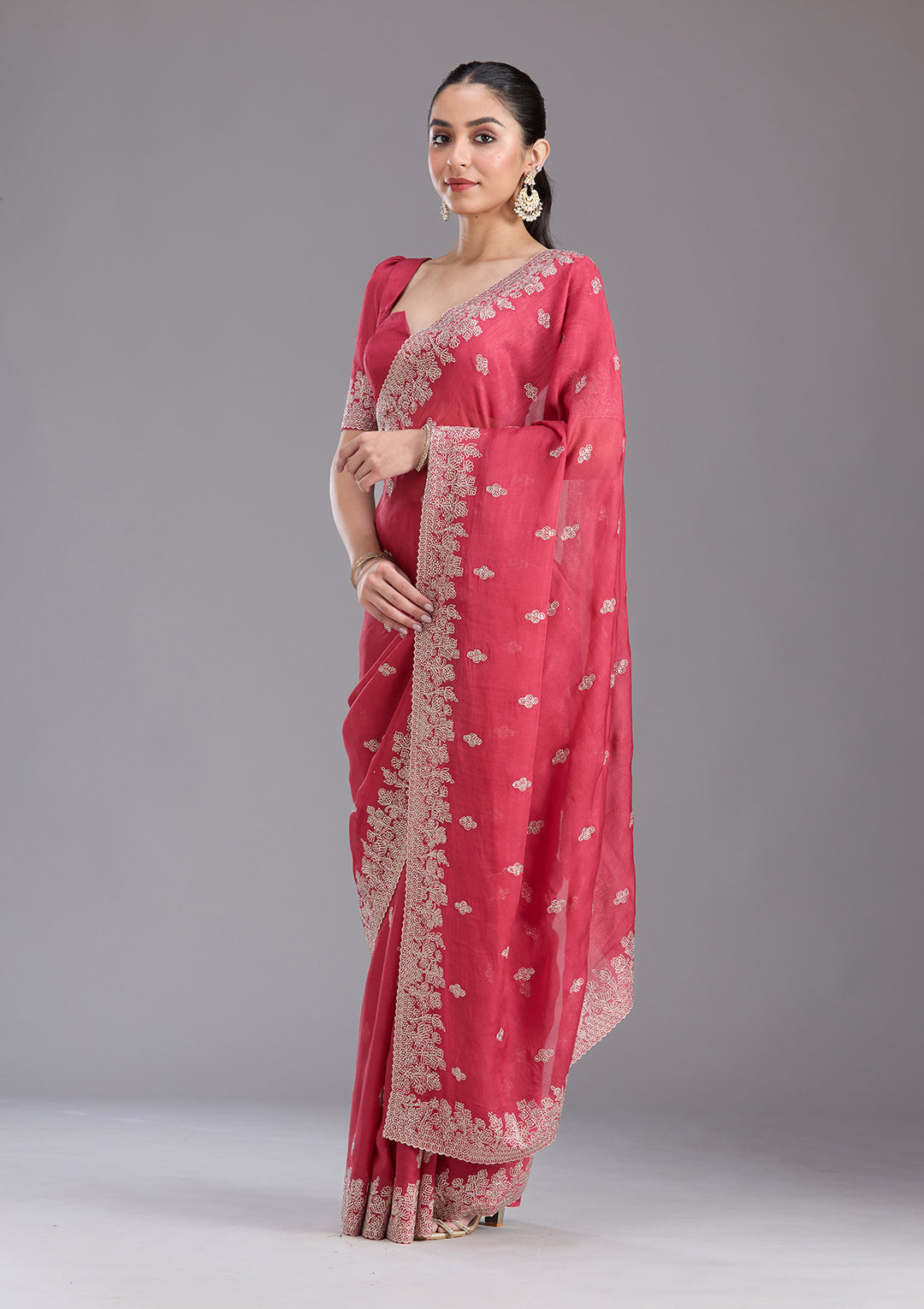 Pink Tissue Threadwork Saree With Matching Blouse Piece