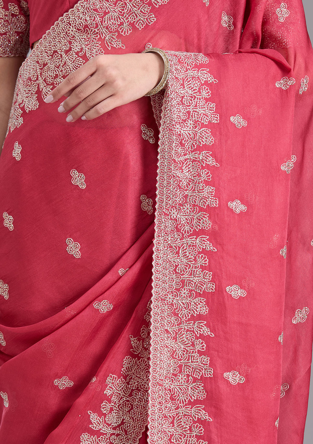 Pink Tissue Threadwork Saree With Matching Blouse Piece