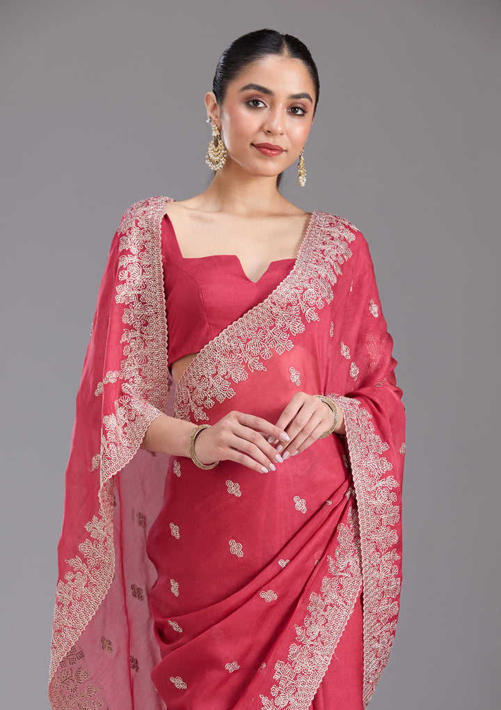 Pink Tissue Threadwork Saree With Matching Blouse Piece