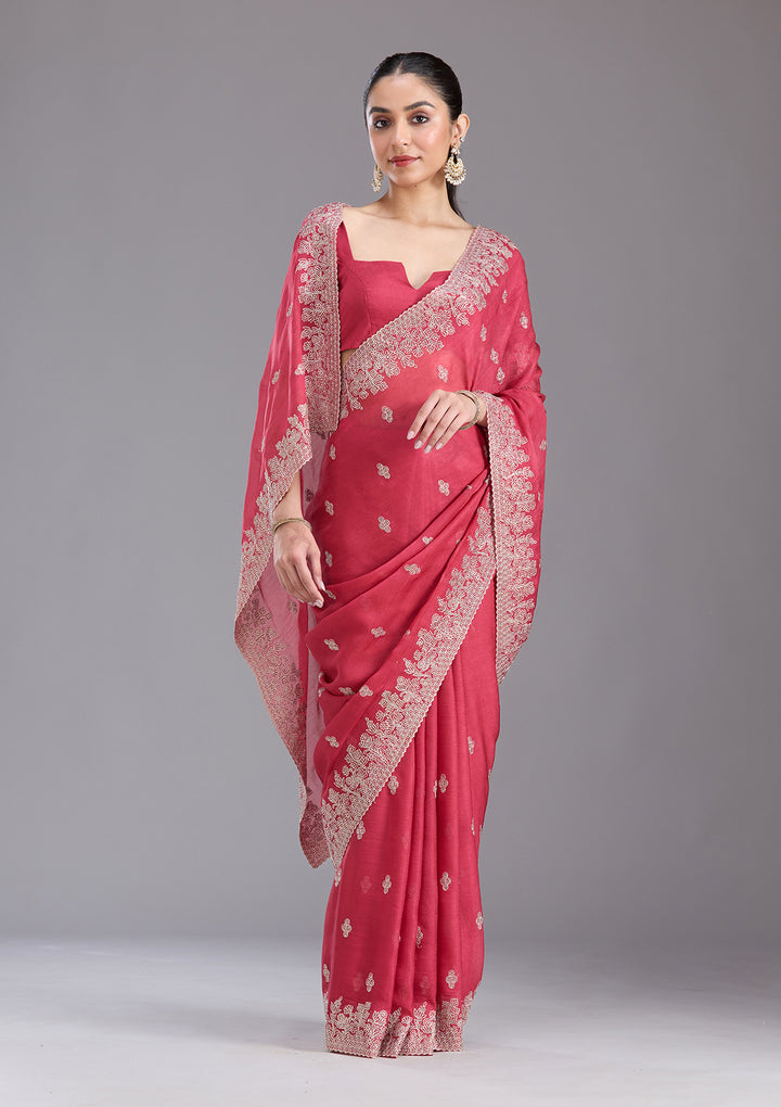 Pink Tissue Threadwork Saree With Matching Blouse Piece