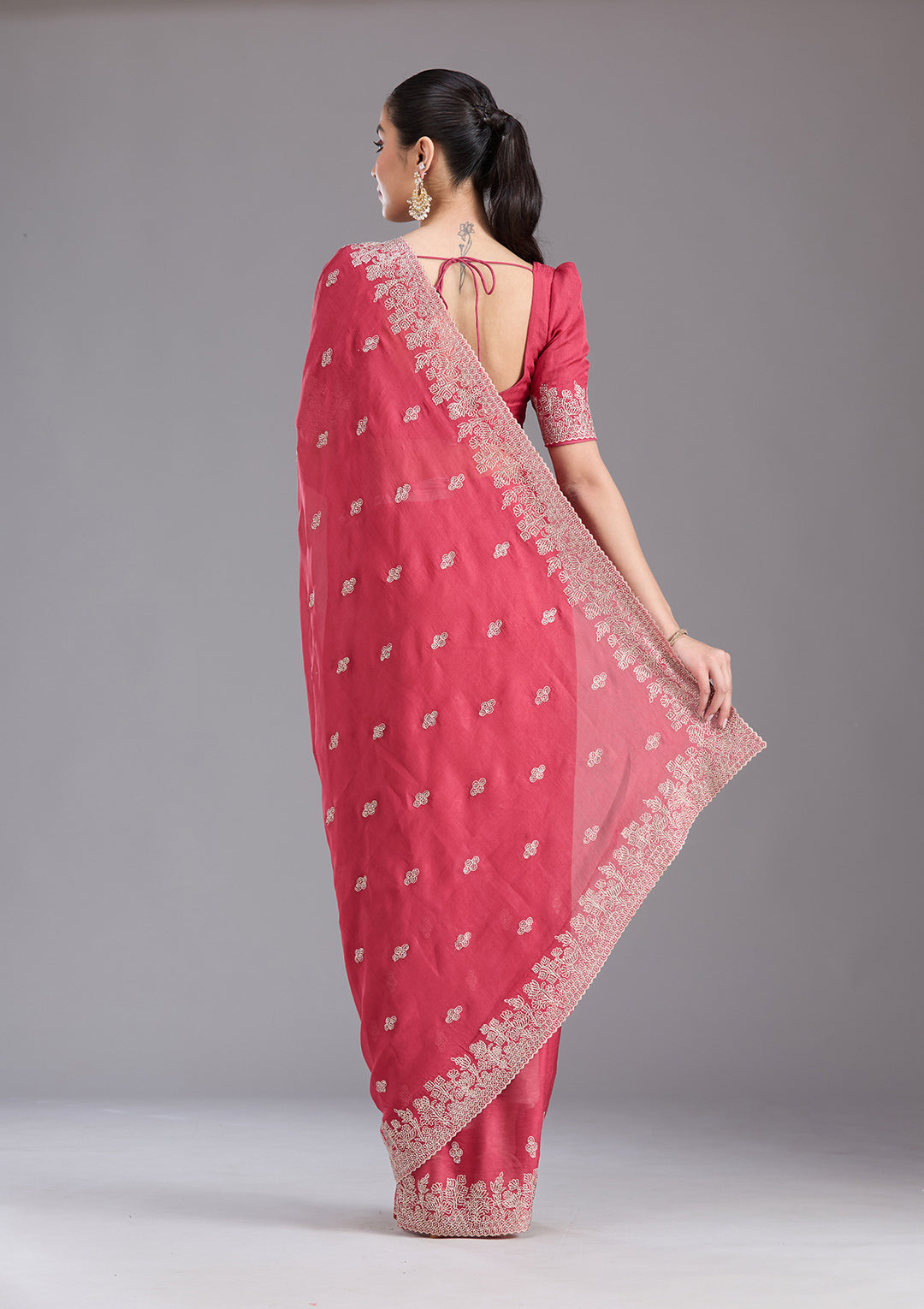 Pink Tissue Threadwork Saree With Matching Blouse Piece