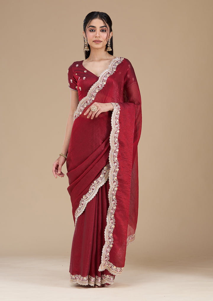 Maroon Tissue Gold Zariwork Saree With Matching Blouse Piece