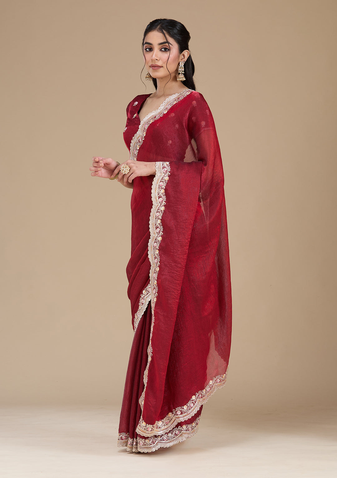 Maroon Tissue Gold Zariwork Saree With Matching Blouse Piece