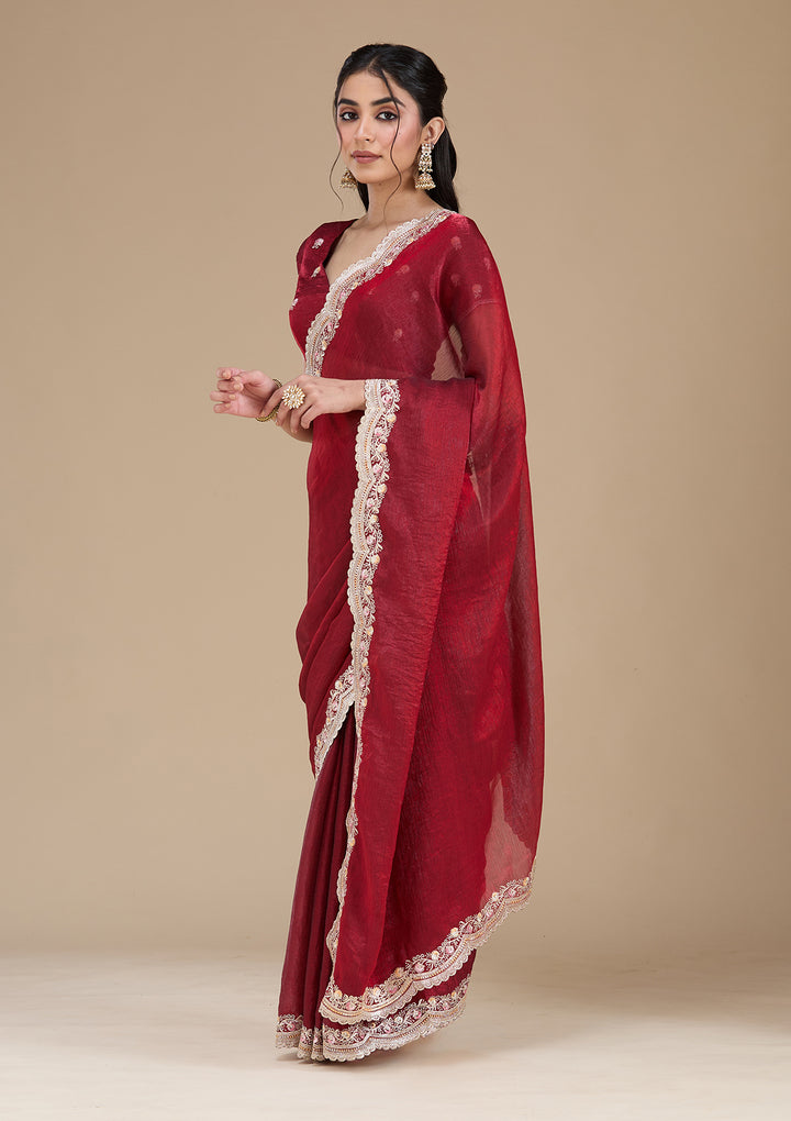 Maroon Tissue Gold Zariwork Saree With Matching Blouse Piece