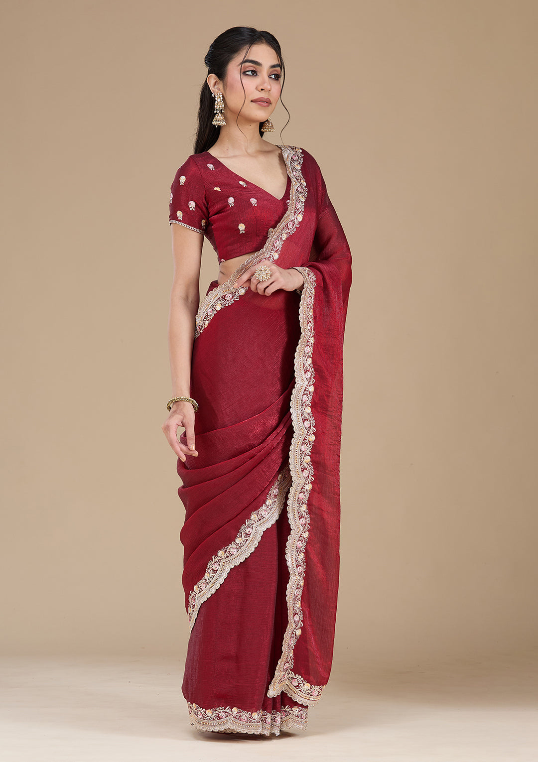 Maroon Tissue Gold Zariwork Saree With Matching Blouse Piece